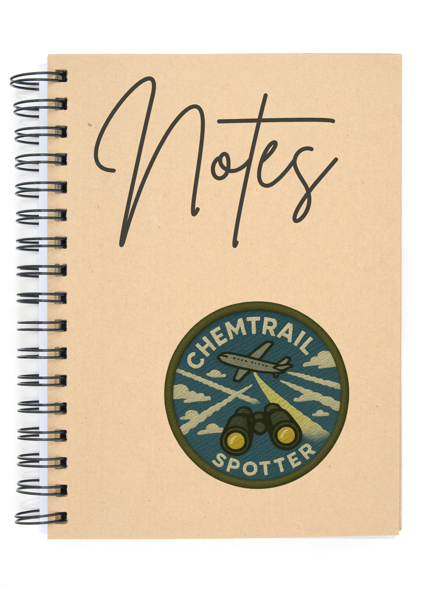 Notebook with 'Notes' text and Chemtrails Spotter logo on a beige background
