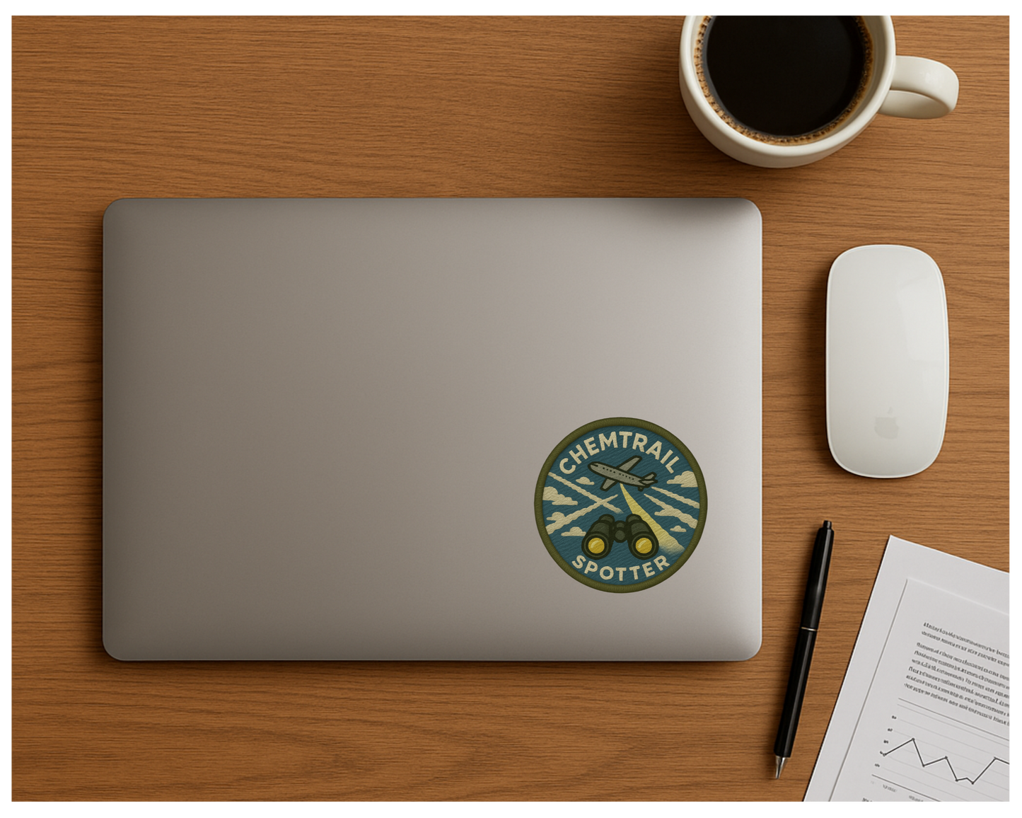Laptop with a logo on a wooden desk with a cup of coffee, mouse, and pen.