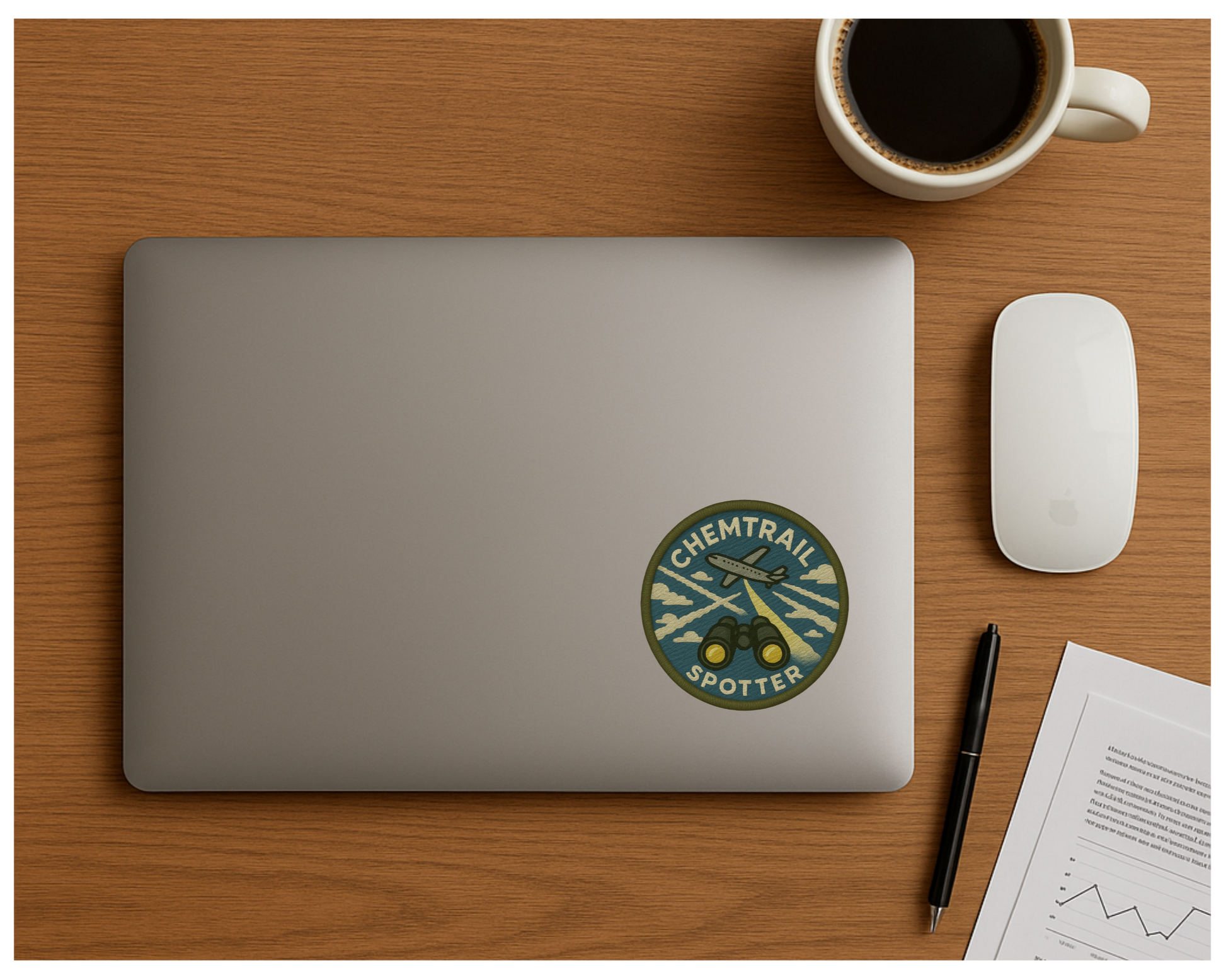 Laptop with a logo on a wooden desk with a cup of coffee, mouse, and pen.