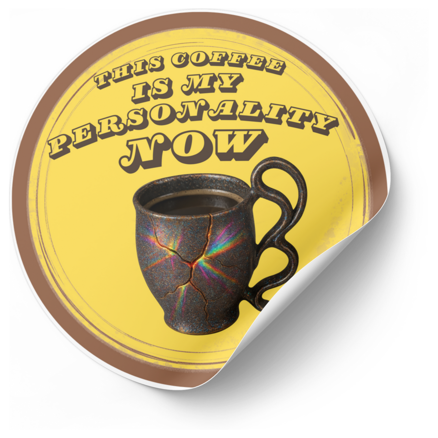 Round coaster with a coffee cup design and text on a yellow background