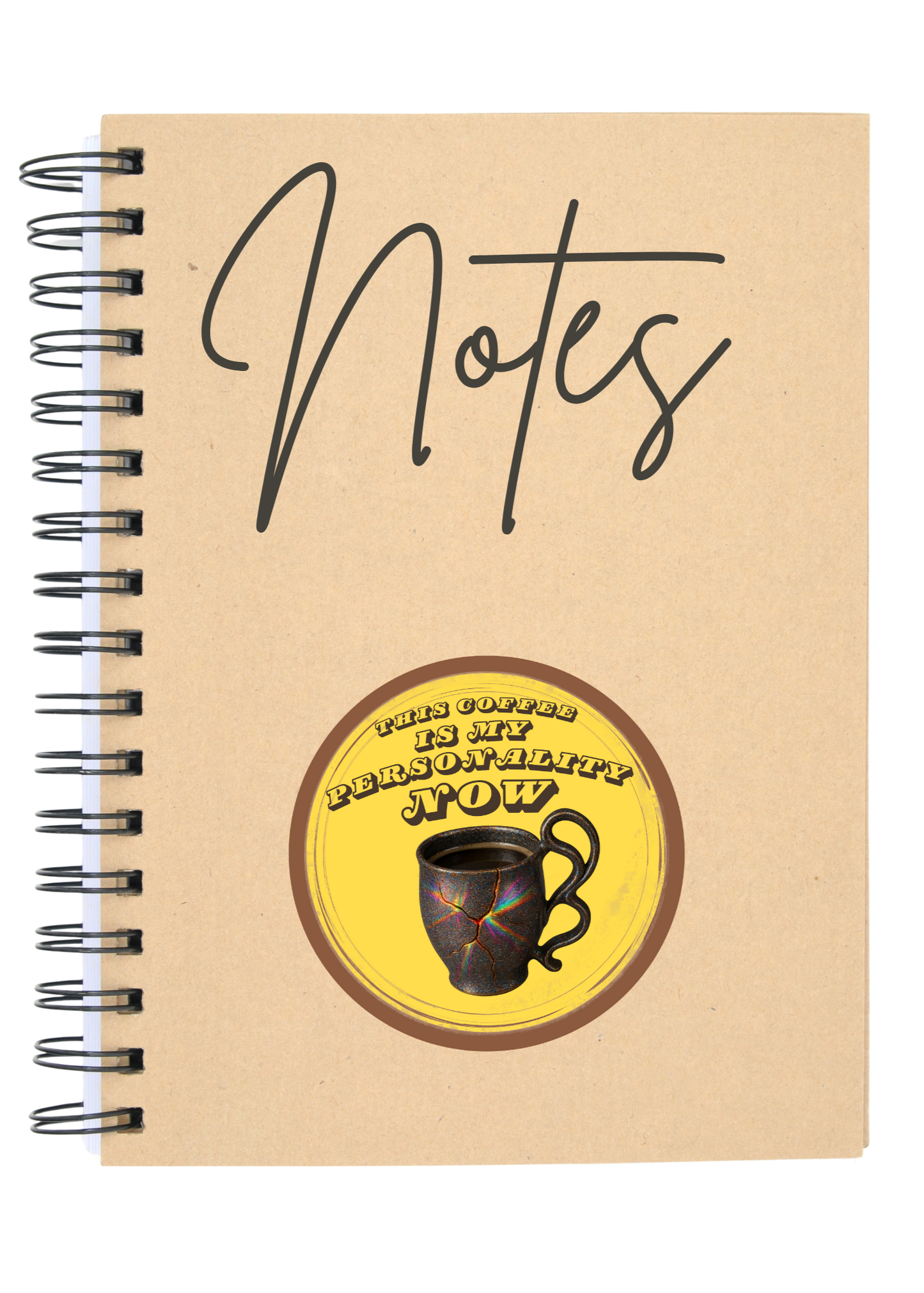 Notebook with a coffee-themed sticker on a white background