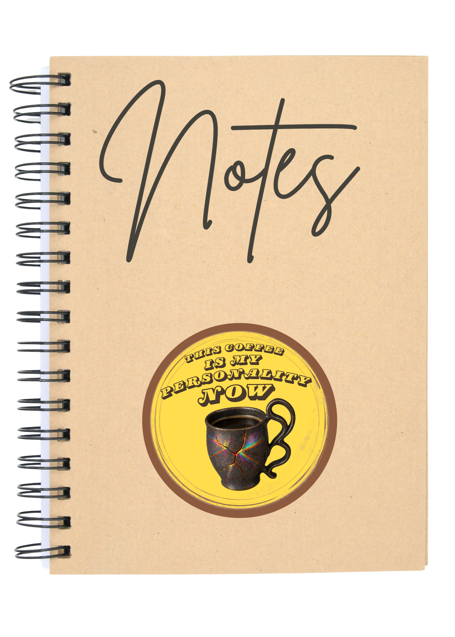 Notebook with a coffee-themed sticker on a white background