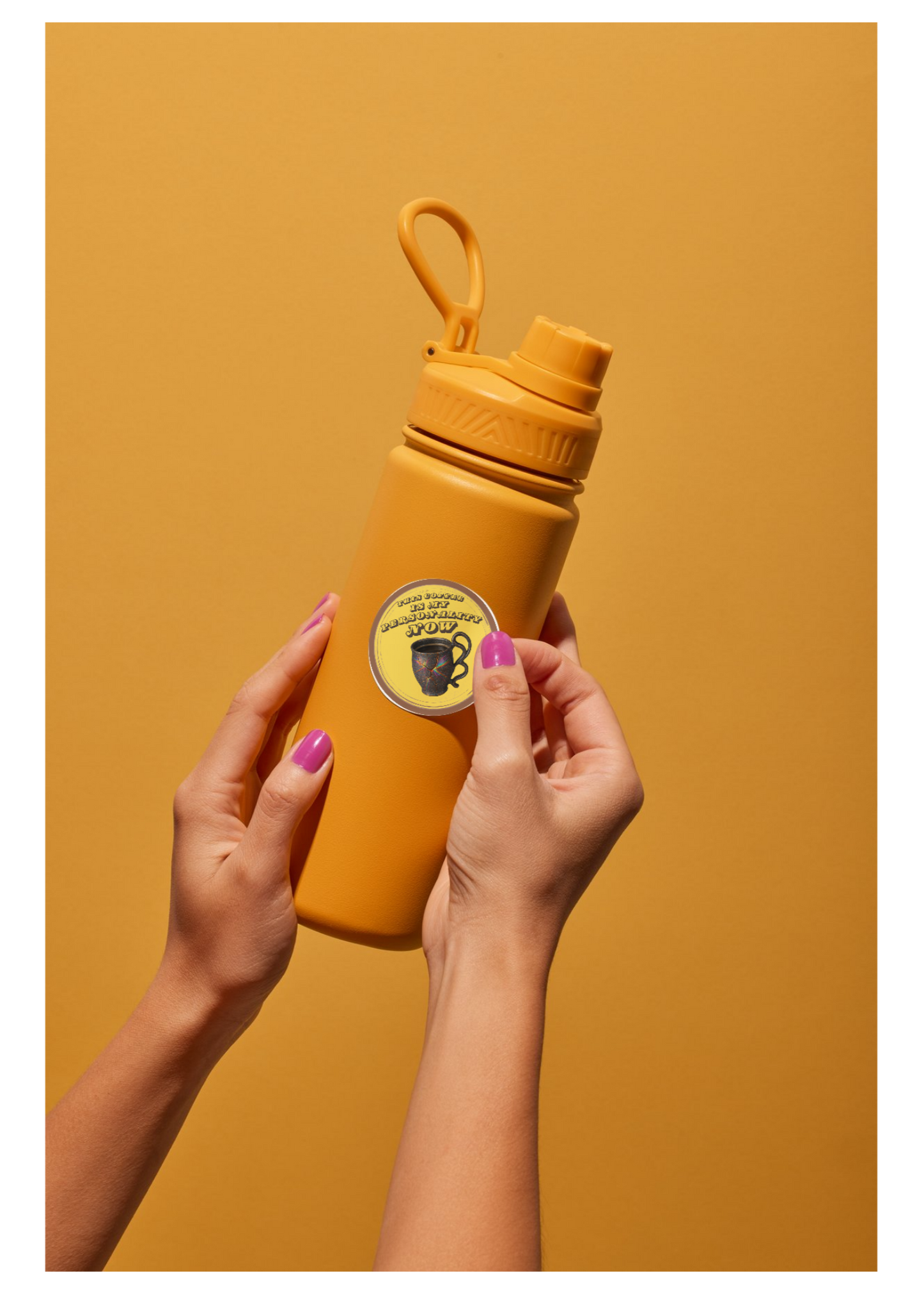 Yellow water bottle held by hands against a mustard yellow background