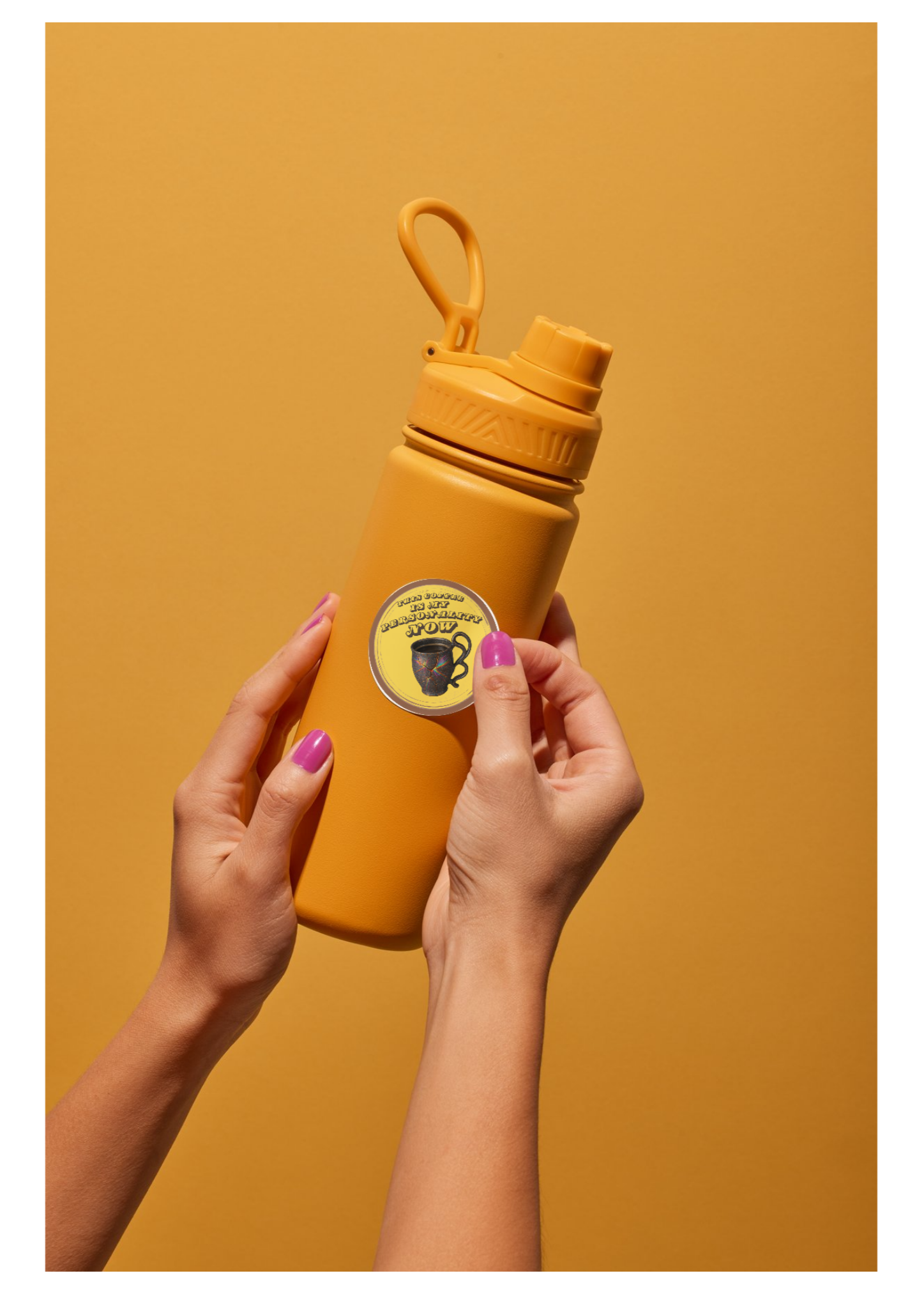 Yellow water bottle held by hands against a mustard yellow background