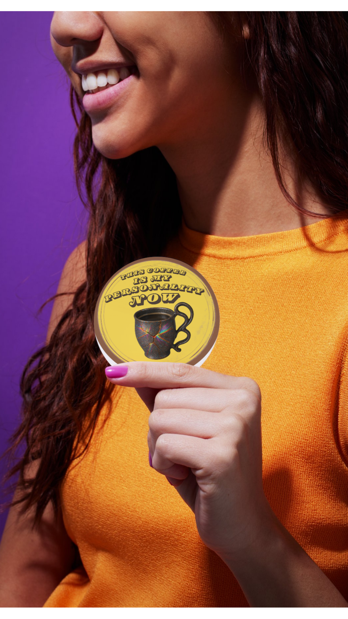 Woman holding a gold coin with a logo against a purple background