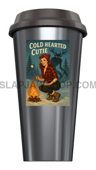 Tumbler with a graphic of a person by a campfire and text 'Cold Hearted Cutie' on a white background