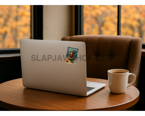 Laptop with a sticker on a wooden table next to a coffee cup, with autumn foliage outside the window.