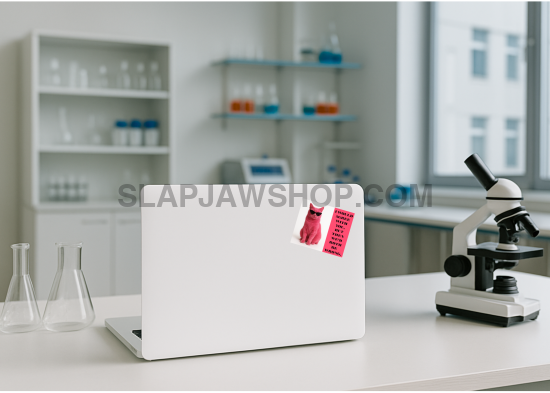 Laptop with stickers on a desk in a laboratory setting