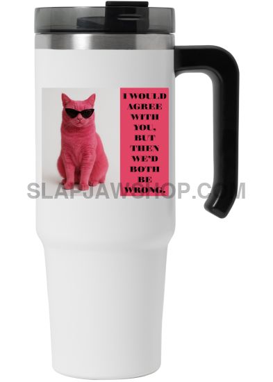 White travel mug with a pink cat graphic and text on a white background