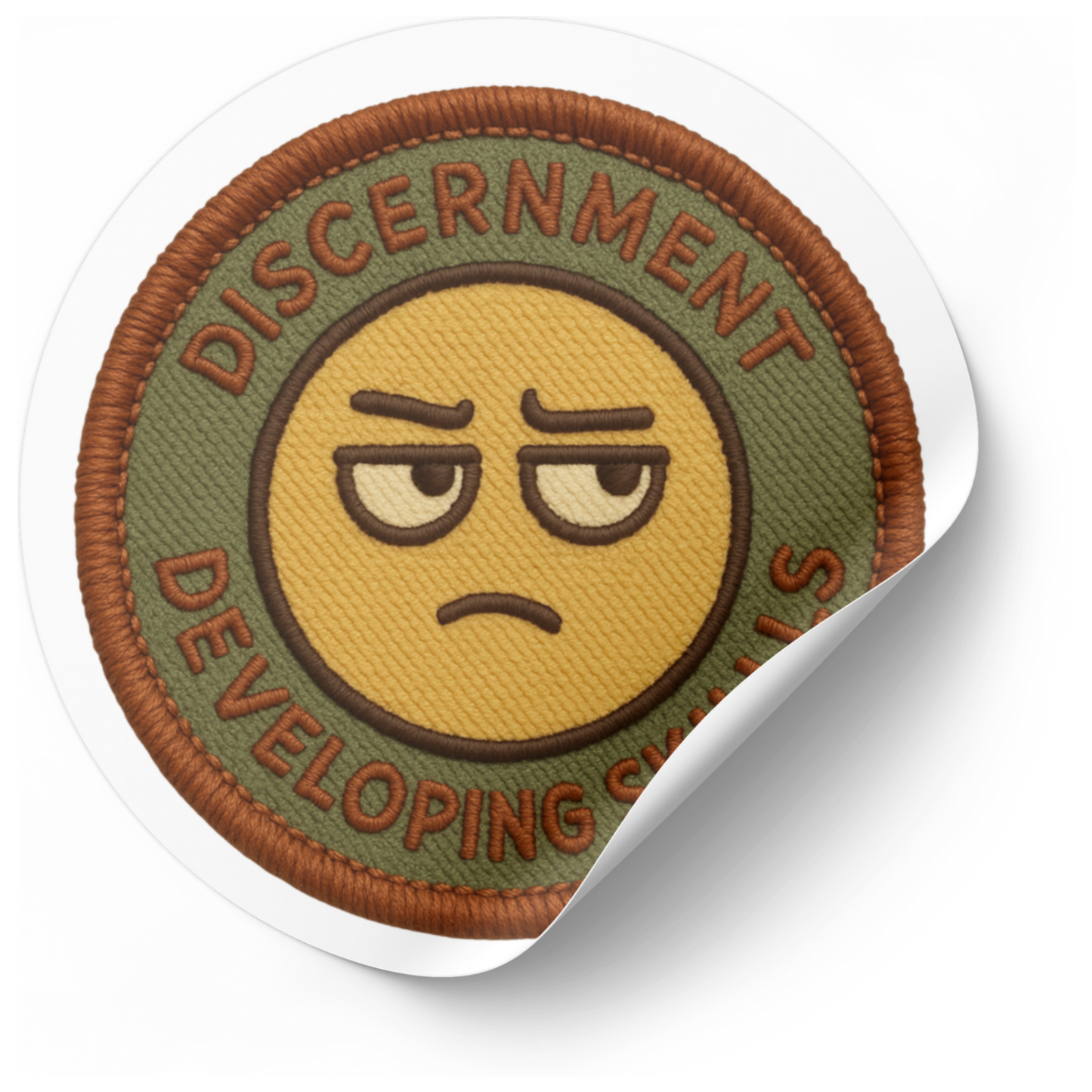 Emblem with a face design and text on a white background