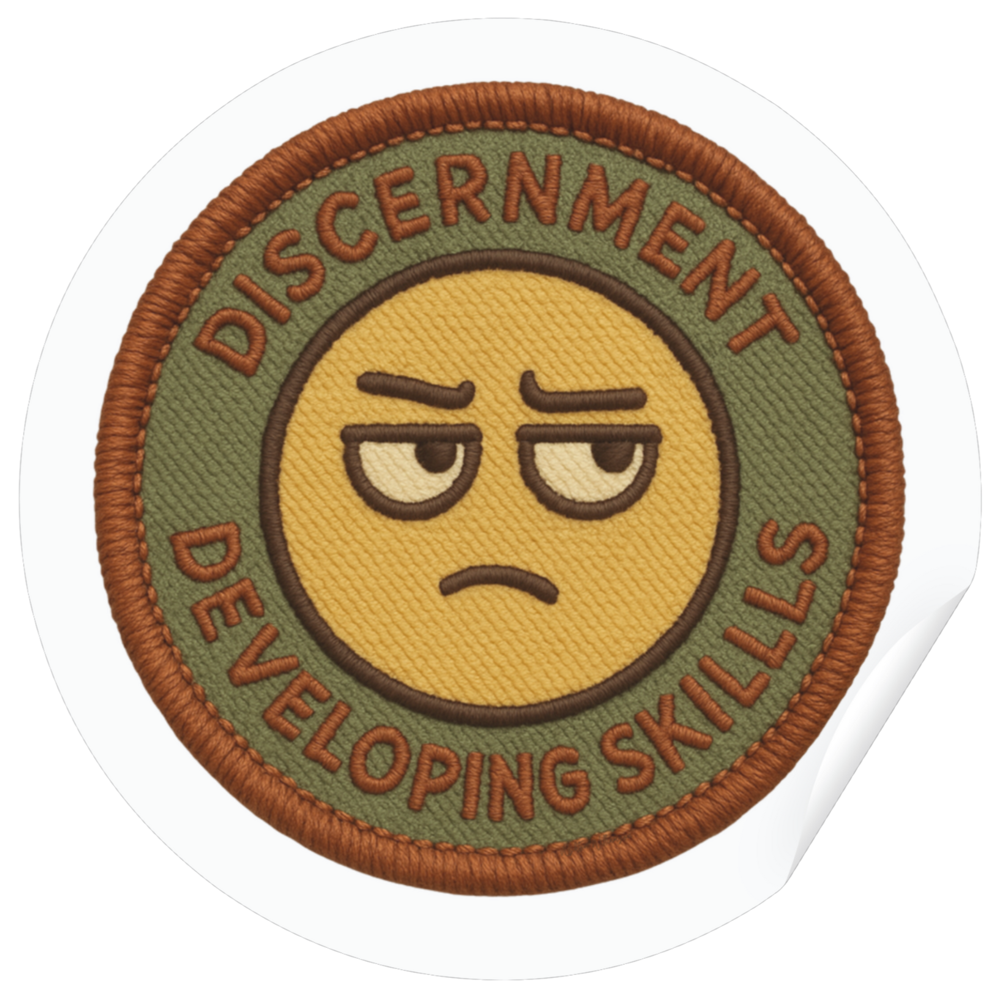 Circular patch with an angry emoji face and text 'Discernment Developing Skills' on a white background