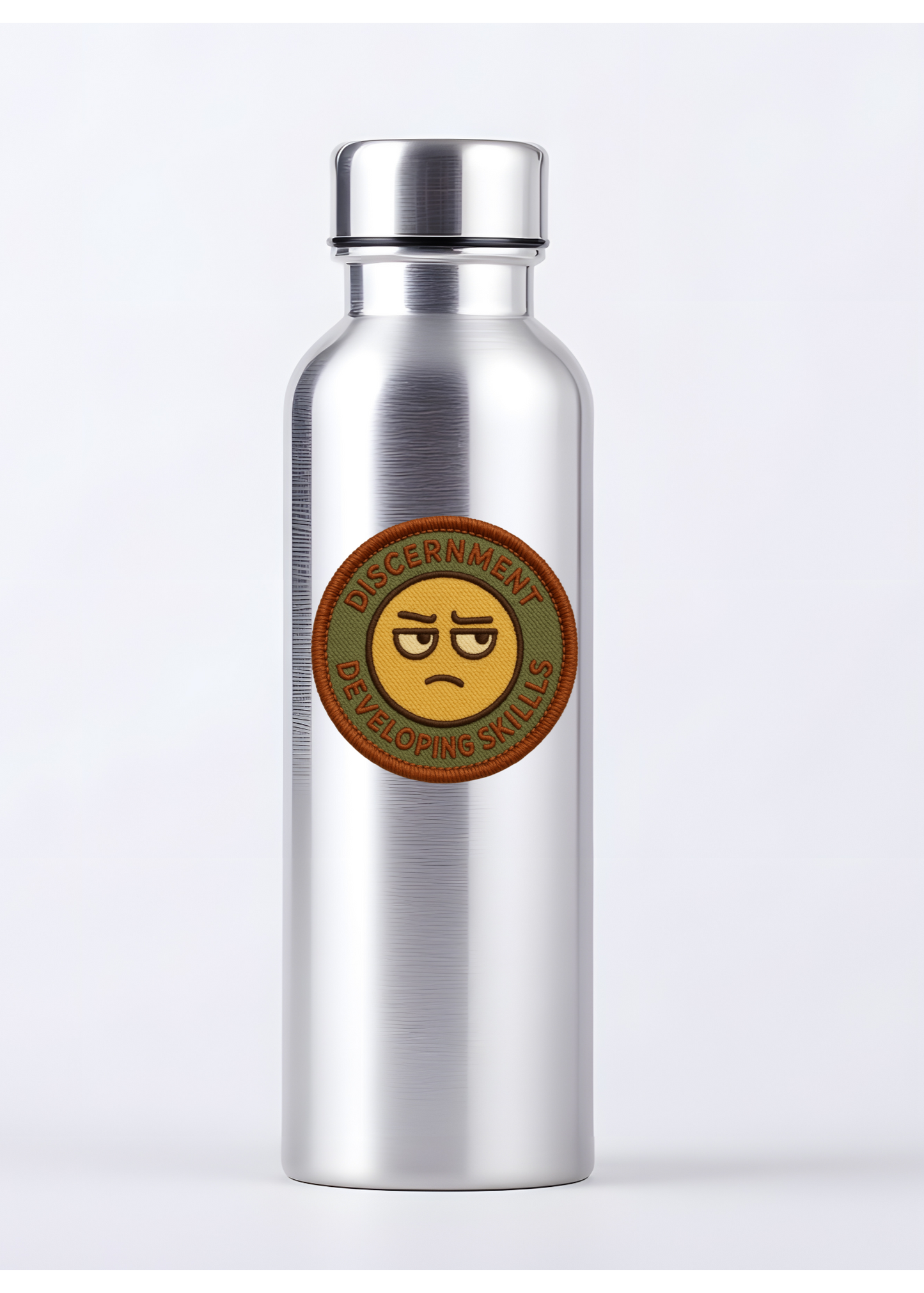 Silver water bottle with a sticker on a white background