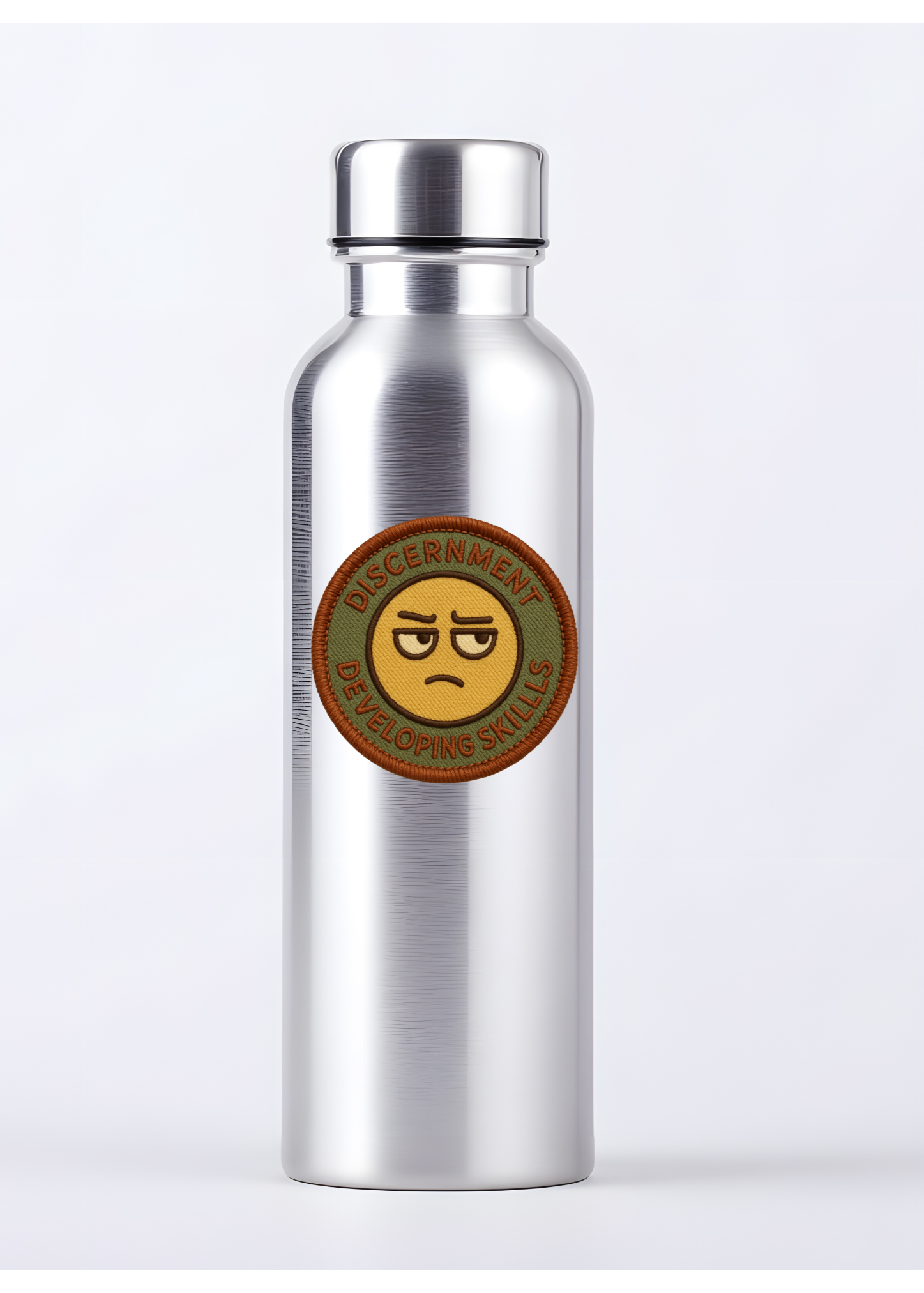 Silver water bottle with a sticker on a white background