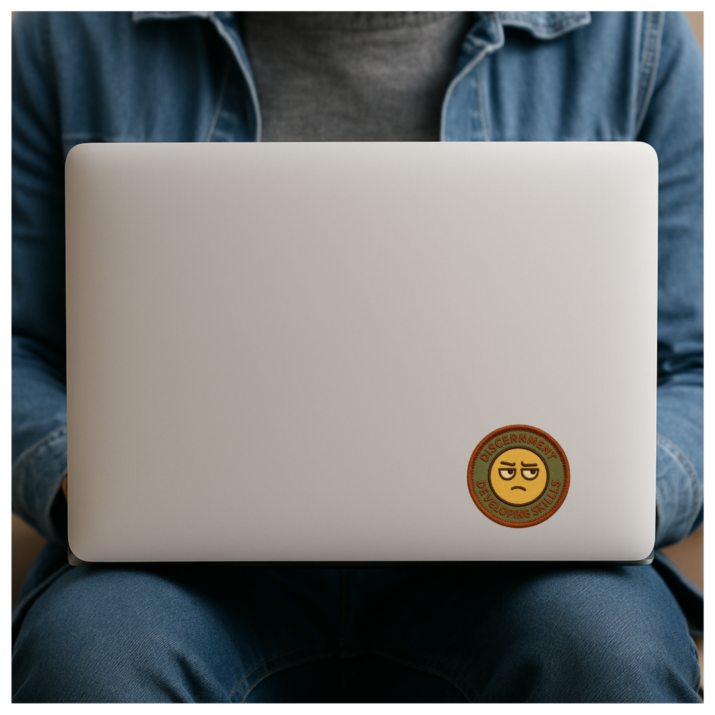Person holding a laptop with a visible brand sticker on a white background