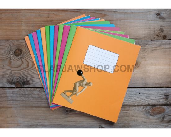 Set of colorful notebooks with a kangaroo design on an orange cover, placed on a wooden surface.