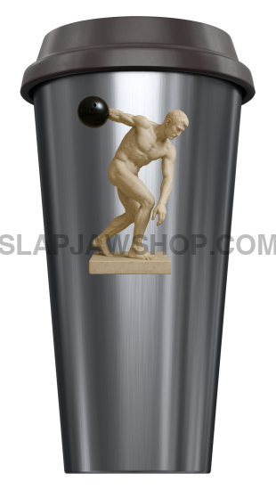 Silver tumbler with a bronze statue of a boxer on a white background