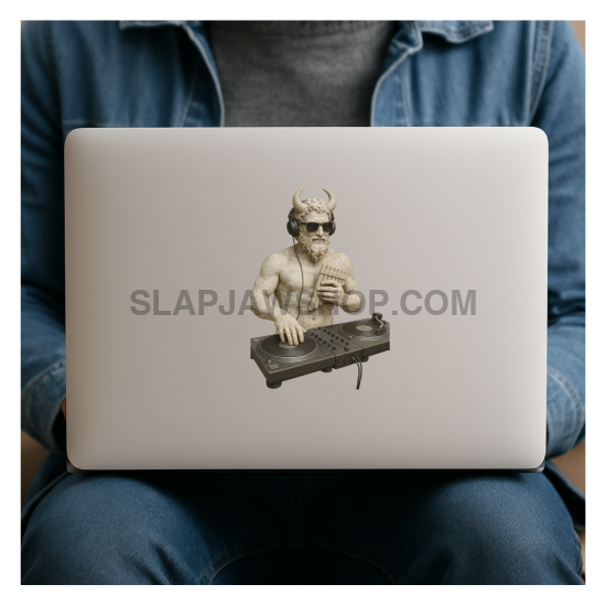 Person holding a laptop with a sticker of a muscular figure playing keyboards on the lid.