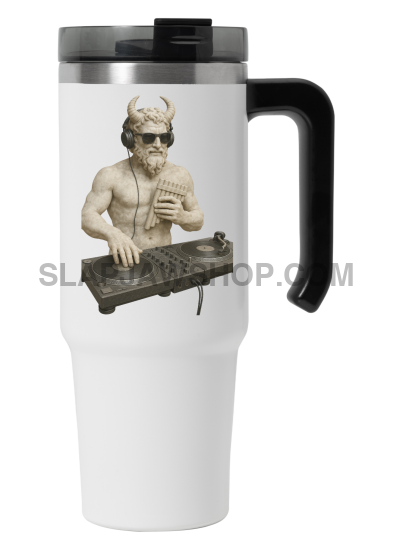 Travel mug with a design of a shirtless man playing a keyboard on a white background