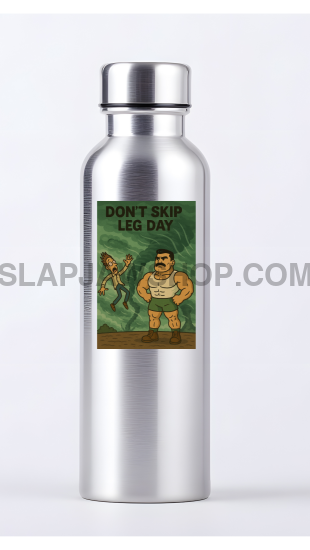Silver water bottle with a colorful label featuring a cartoon character on a white background
