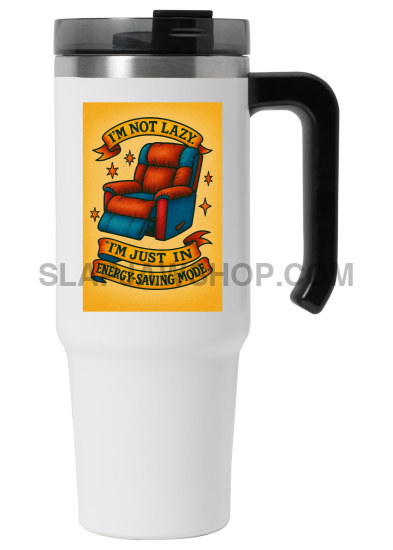 White travel mug with a colorful graphic and text on a white background