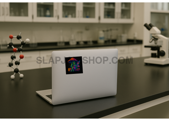 Laptop with a colorful sticker on a lab counter with molecular model and microscope in the background