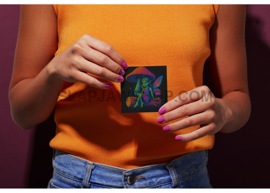Person holding a colorful card with a dragon design against an orange shirt and dark background
