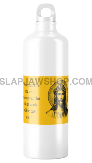 White water bottle with a yellow label featuring a portrait and text on a white background