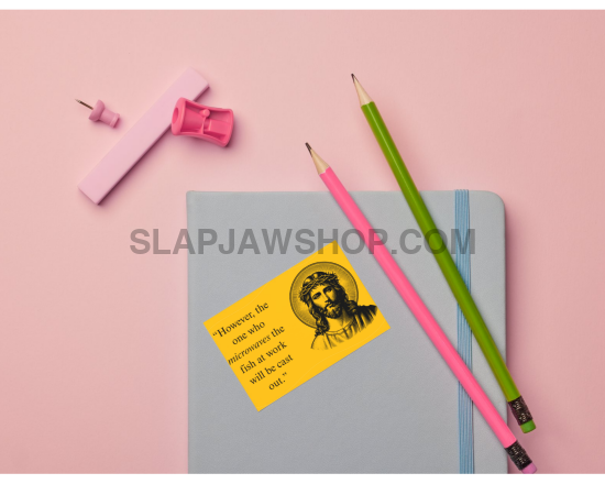 Notebook with a yellow sticker, pink and green pencils, and a pink sharpener on a pink background