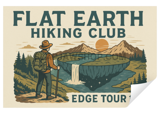 Poster for Flat Earth Hiking Club with a hiker and landscape illustration.
