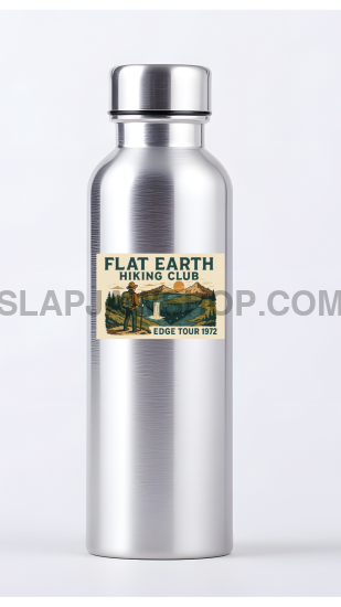 Silver water bottle with a label on a white background