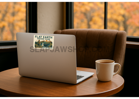 Laptop with a sticker on a wooden table in front of a window with autumn foliage.