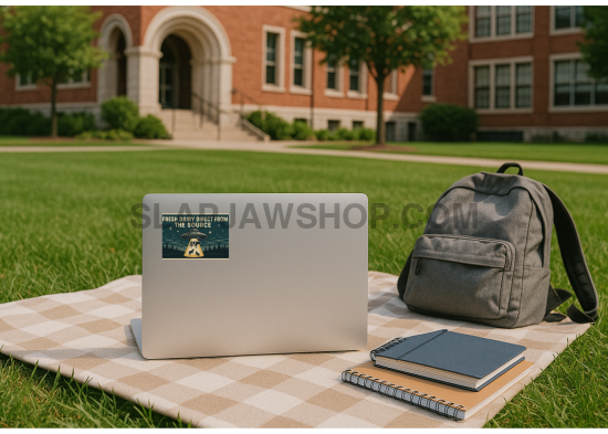 Laptop, backpack, and notebook on a checkered blanket outdoors with a building in the background