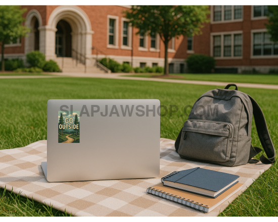 Laptop with 'Go Outside' sticker, backpack, and notebook on a checkered blanket outdoors.