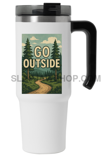 Travel mug with 'Go Outside' design on a white background