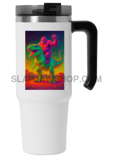 White travel mug with a colorful dinosaur design on a white background