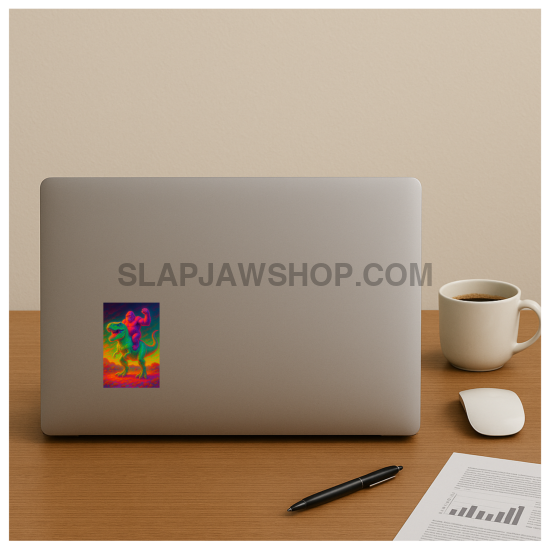 Laptop with a colorful sticker on a desk with a mug, pen, and mouse.