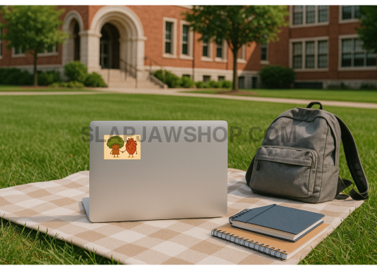 Laptop with stickers, backpack, and notebook on a checkered blanket outdoors.