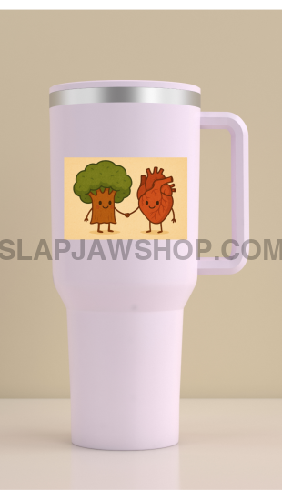 White travel mug with a design of a lion and a lioness holding hands on a beige background