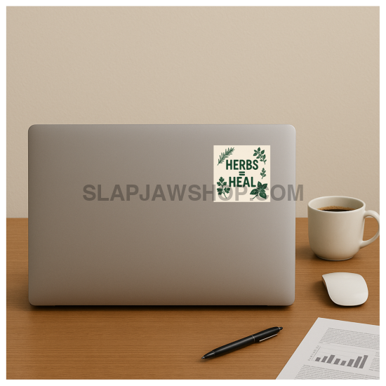 Laptop with a 'Herbs Heal' sticker on a desk with a cup and pen.