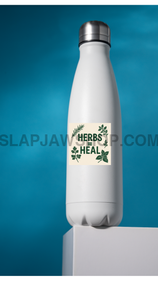 White insulated bottle with 'Herbs Heal' text and green leaves on a blue background