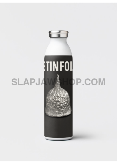 Metallic water bottle with a black label featuring a silver lion design on a white background