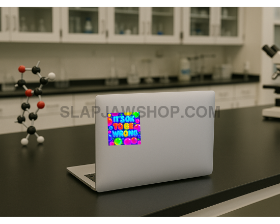 Laptop with colorful screen on a lab counter, surrounded by scientific equipment.
