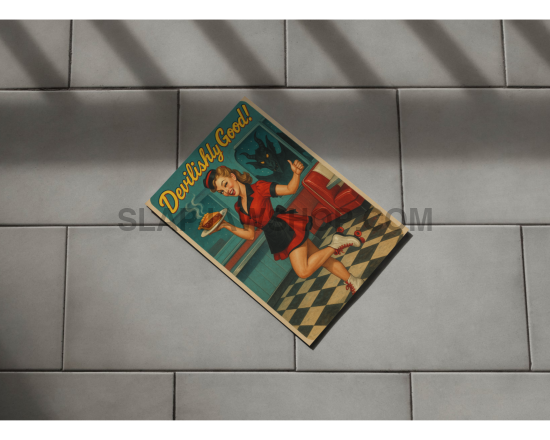 Vintage-style poster with two people on a checkered background on a tiled floor.