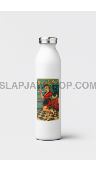 White water bottle with a colorful label on a white background