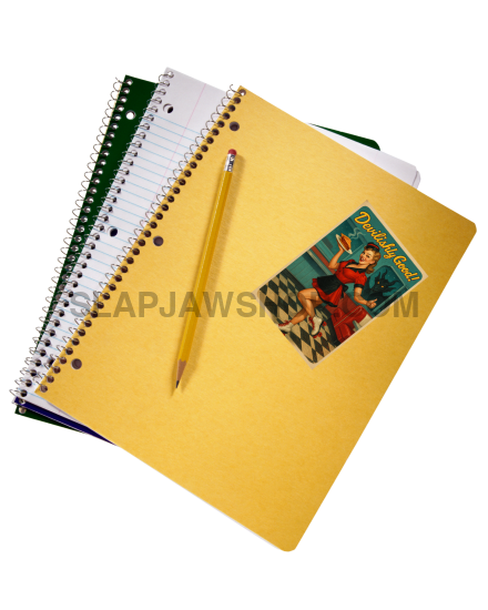 Yellow notebook with a pen and colorful card on a white background