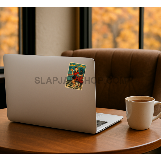 Laptop on a table with a coffee cup, autumn foliage outside the window