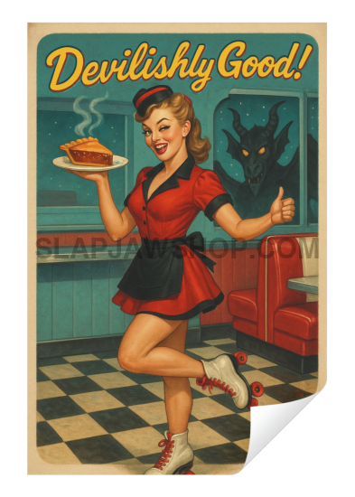 Vintage-style poster with a woman holding a black cat and a pie, with text 'Devilishly Good!' on a checkered floor.