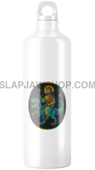 White water bottle with a colorful label featuring a character on a white background