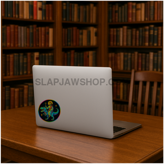 Laptop with a sticker on a wooden table in a library setting