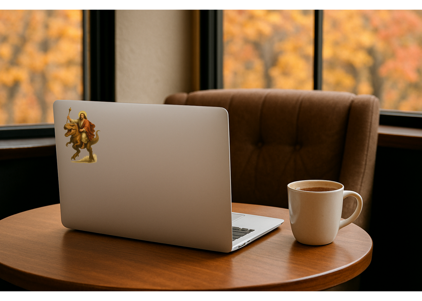 Laptop with a sticker on a table next to a coffee cup, with autumn foliage visible through the window.